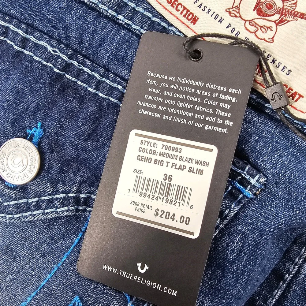 True Religion Geno Relaxed Slim Jeans MENS 36x32 Blue Blsze Wash Big T Flap